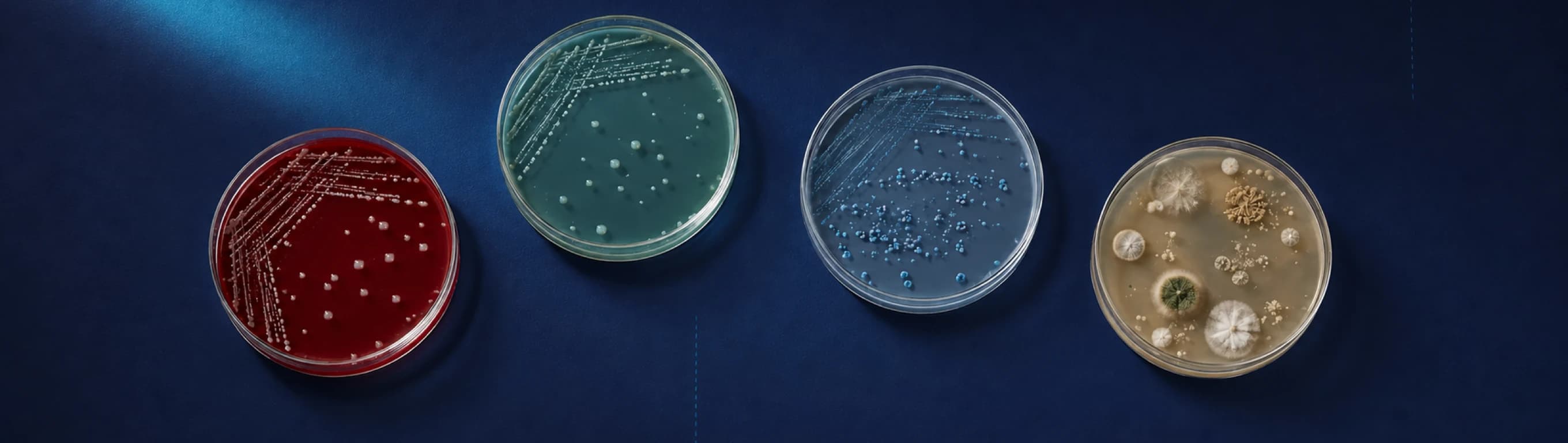 Four prepared microbiology culture plates on a dark laboratory surface